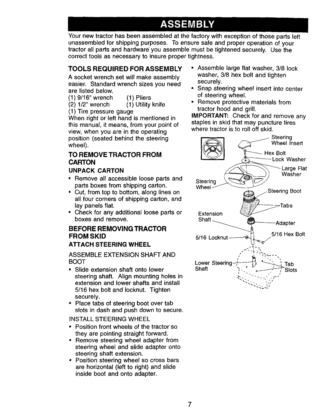 Craftsman 917.271142 manual Tools Required for Assembly, To Remove Tractor from Carton, Unpack Carton 