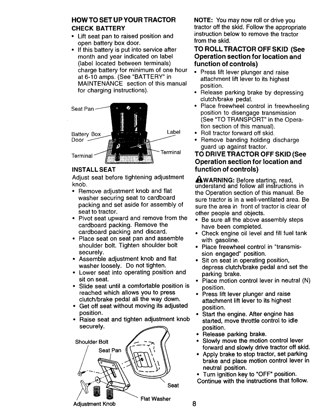 Craftsman 917.271142 manual HOW to SET UP Your Tractor, Check Battery, Install Seat 