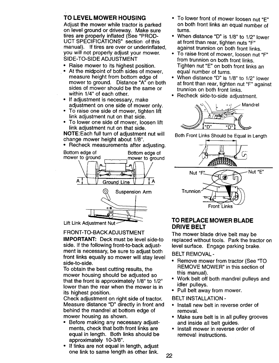 Craftsman 917.271142 manual To Level Mower Housing, To Replace Mower Blade Drive Belt 
