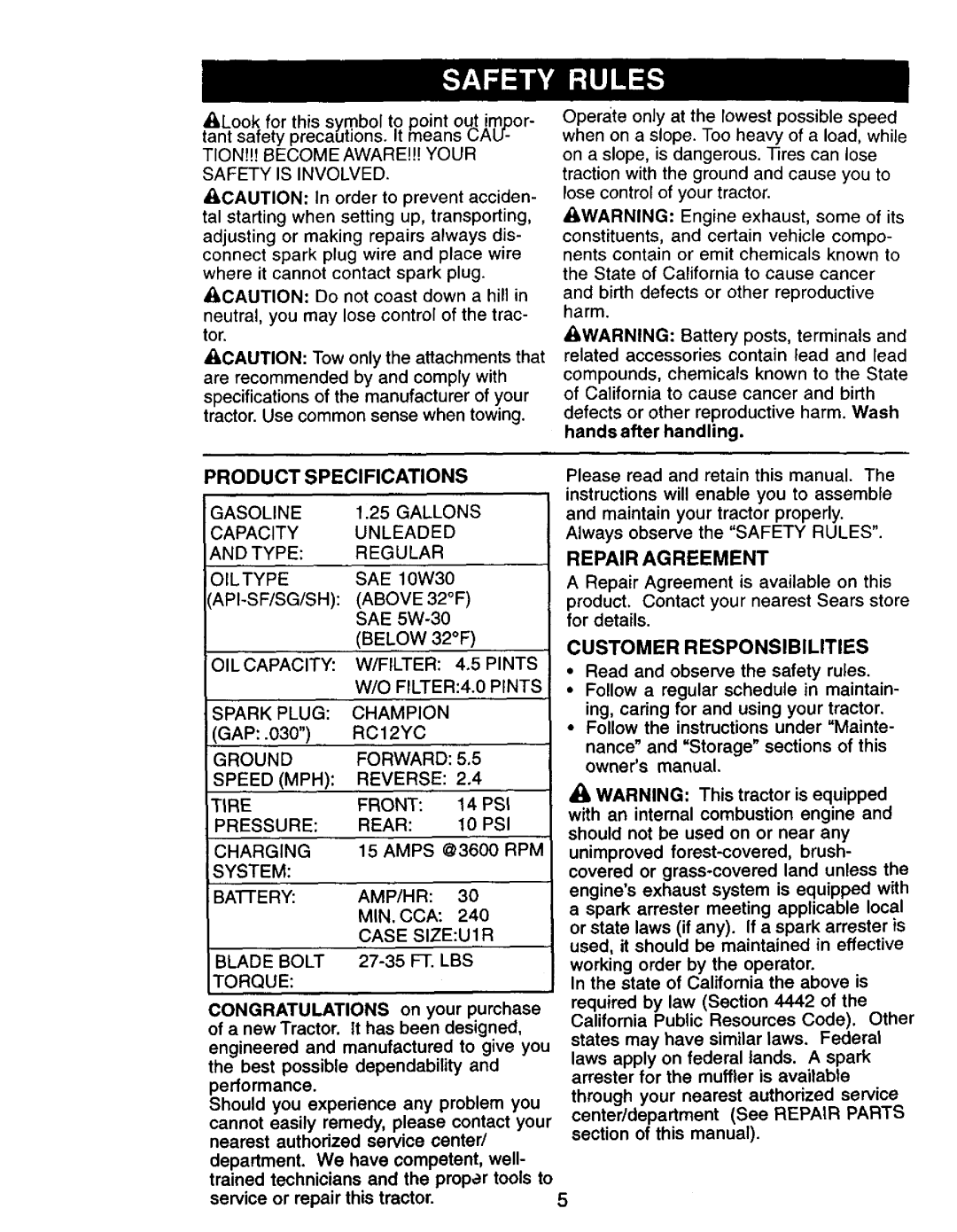 Craftsman 917.271142 manual Product Specifications, Customer Responsibilities 