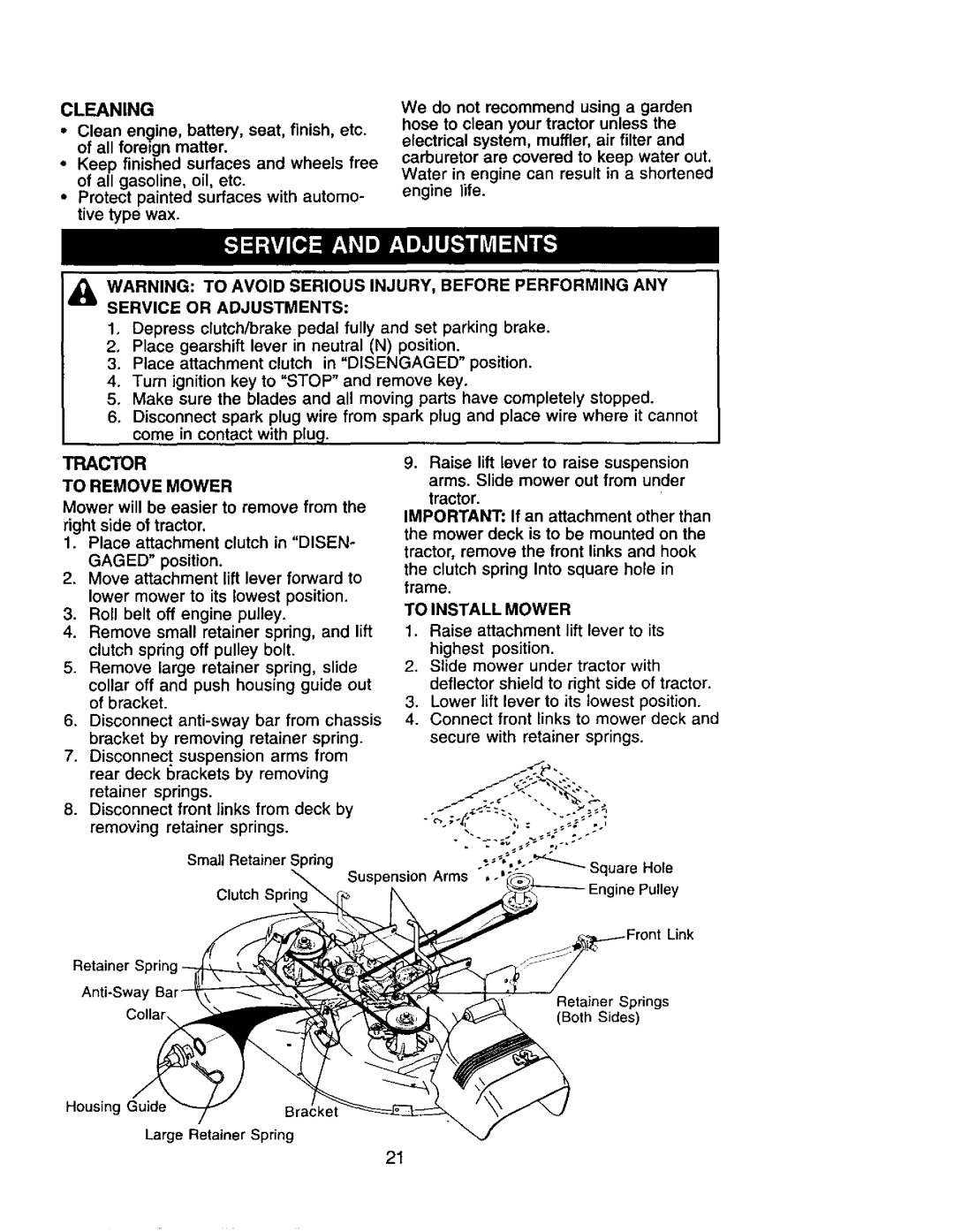 Craftsman 917.271554 owner manual Cleaning, Service or Adjustments, To Remove Mower, To Install Mower 