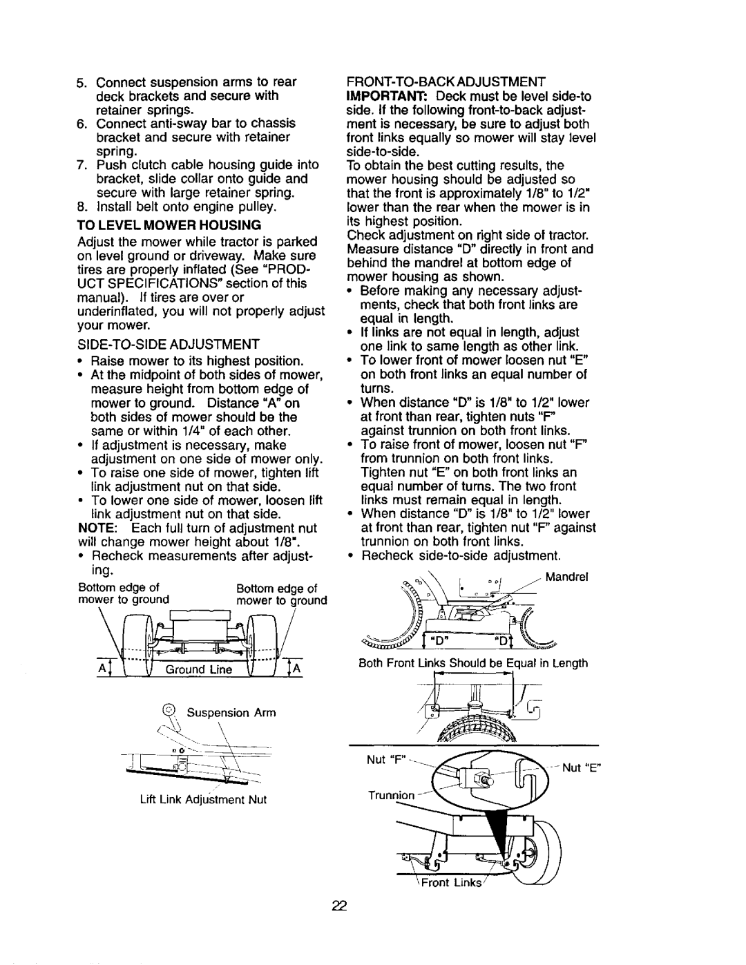 Craftsman 917.271554 owner manual To Level Mower Housing, SIDE-TO-SIDE Adjustment, FRONT-TO-BACK Adjustment, Suspension Arm 