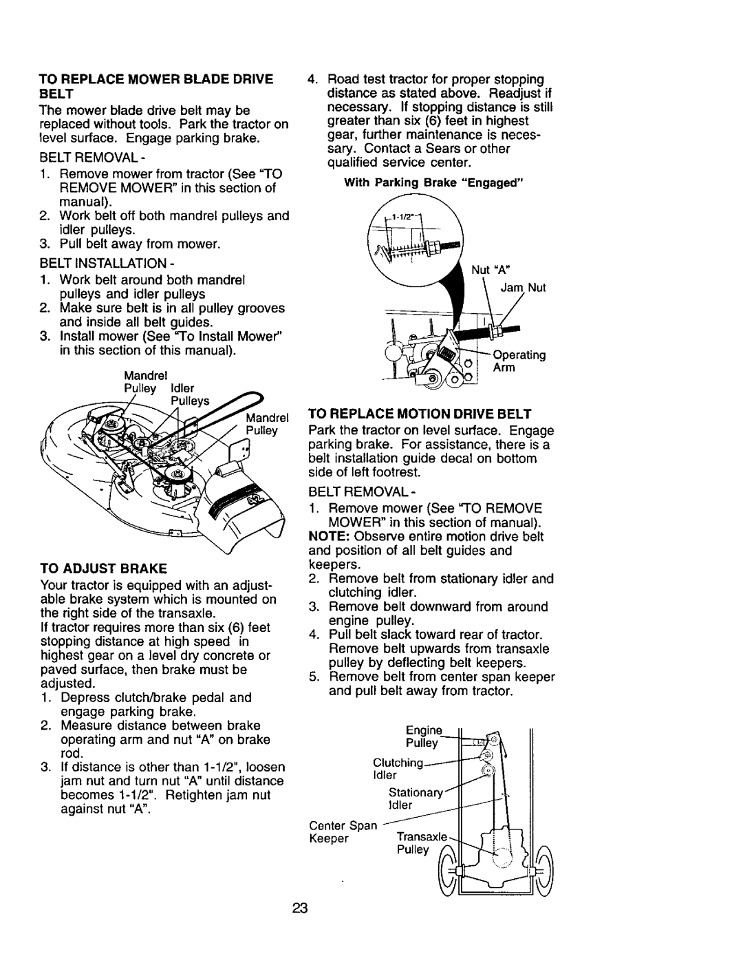 Craftsman 917.271554 owner manual To Replace Mower Blade Drive Belt, To Adjust Brake, To Replace Motion Drive Belt 