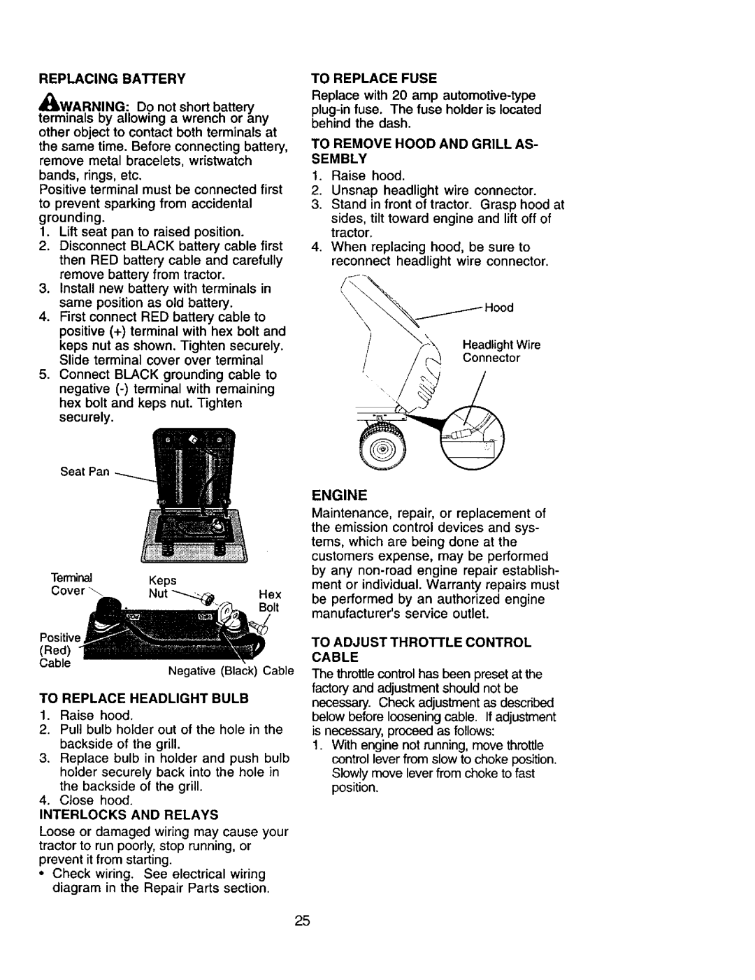 Craftsman 917.271554 Replacing Battery, To Replace Headlight Bulb, To Replace Fuse, To Remove Hood and Grill AS- Sembly 