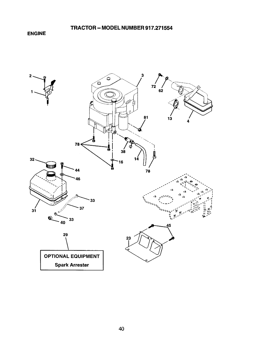 Craftsman 917.271554 owner manual Tractor Model Number Engine, Optional Equipment, Spark Arrester 