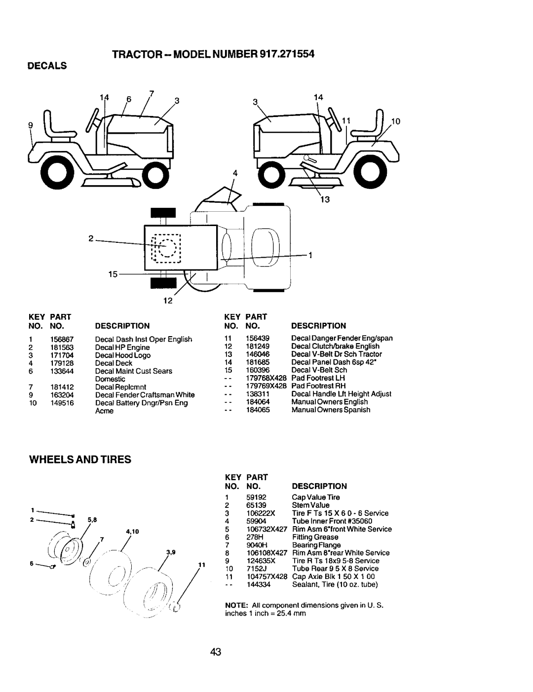 Craftsman 917.271554 owner manual Tractor Model Number Decals, Wheels and Tires, 1110 