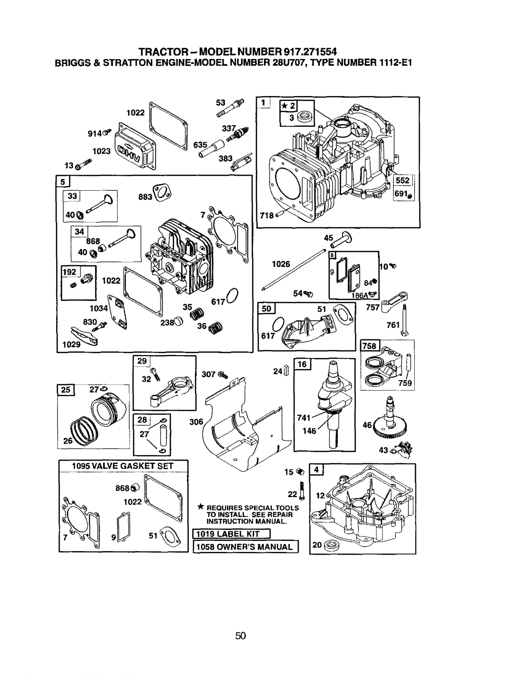 Craftsman 917.271554 owner manual Tractor Model NUM BER, Valve Gasket SET, Label KIT Ownersmanual 