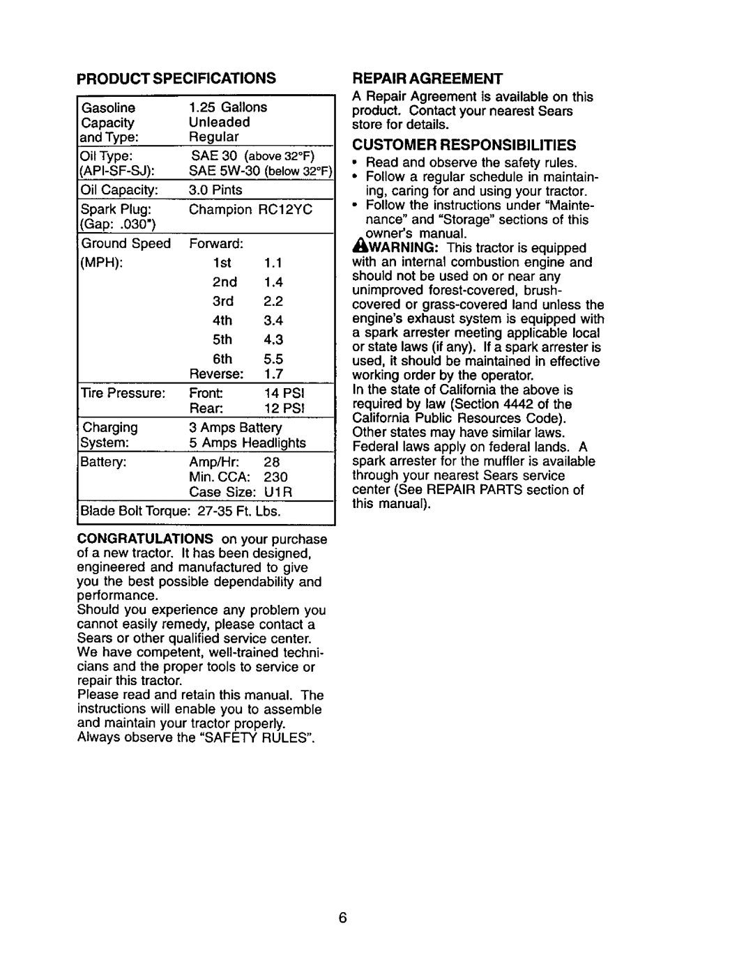 Craftsman 917.271554 owner manual Product Specifications, Pi-Sf-Sj Sae, RC12YC, Psi, U1R, Repair Agreement 