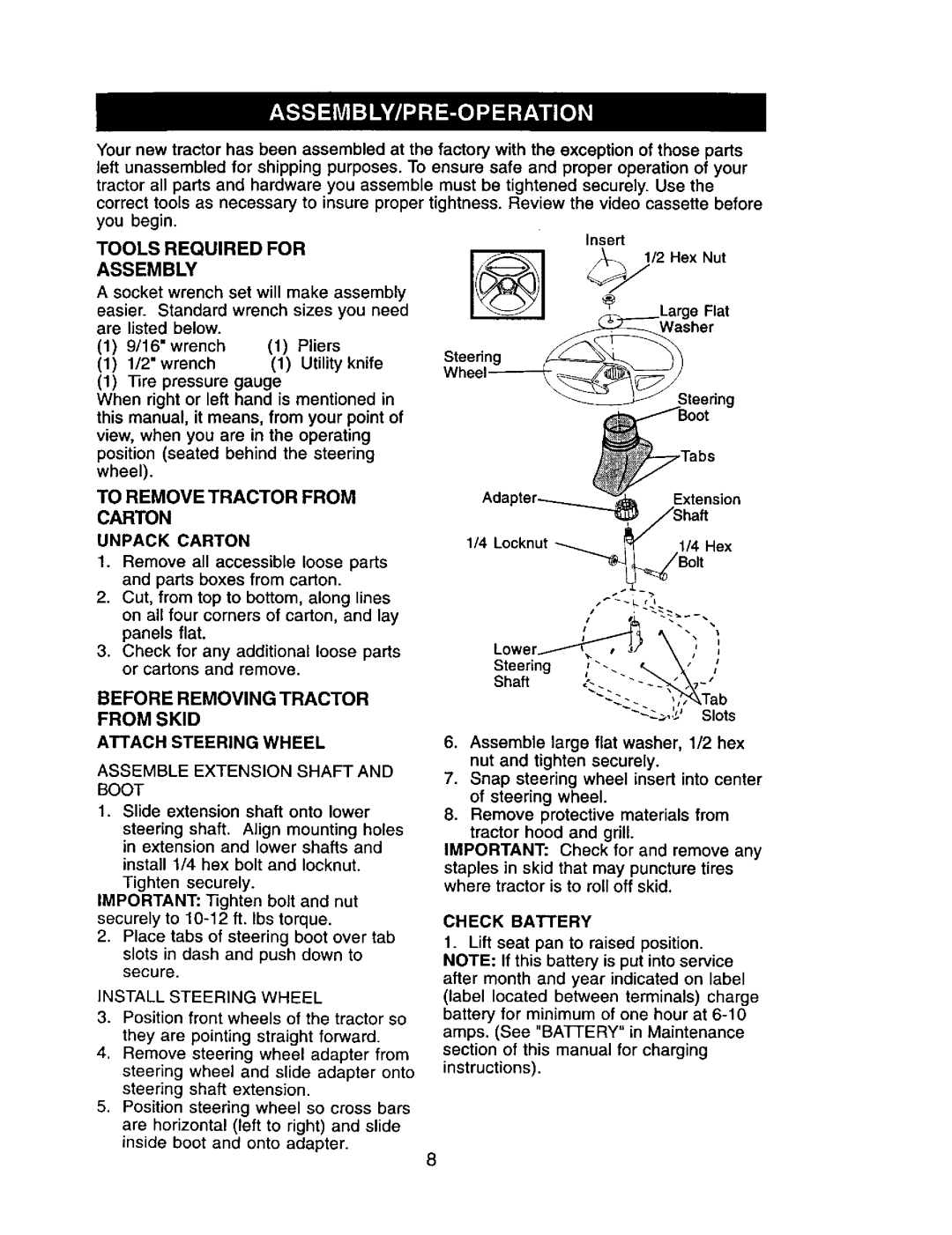 Craftsman 917.271554 Tools Required for Assembly, To Remove Tractor from Carton, Before Removing Tractor from Skid 