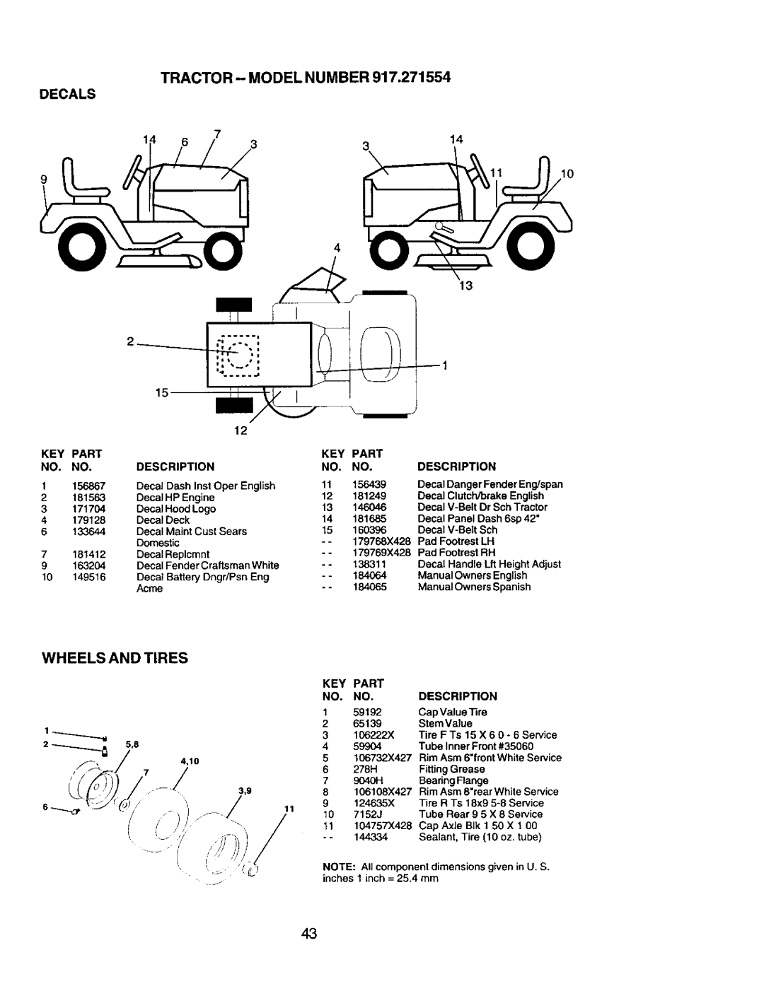 Craftsman 917.271554 owner manual Tractor - Model Number Decals, Wheels And Tires, 7 15 12, 14 1110 13, Description 