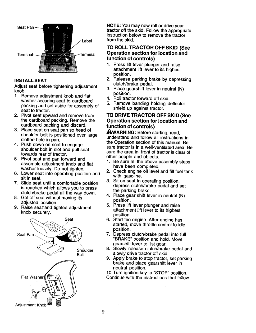 Craftsman 917.271554 owner manual Install Seat, TO ROLLTRACTOR OFFSKID See, function of controls 
