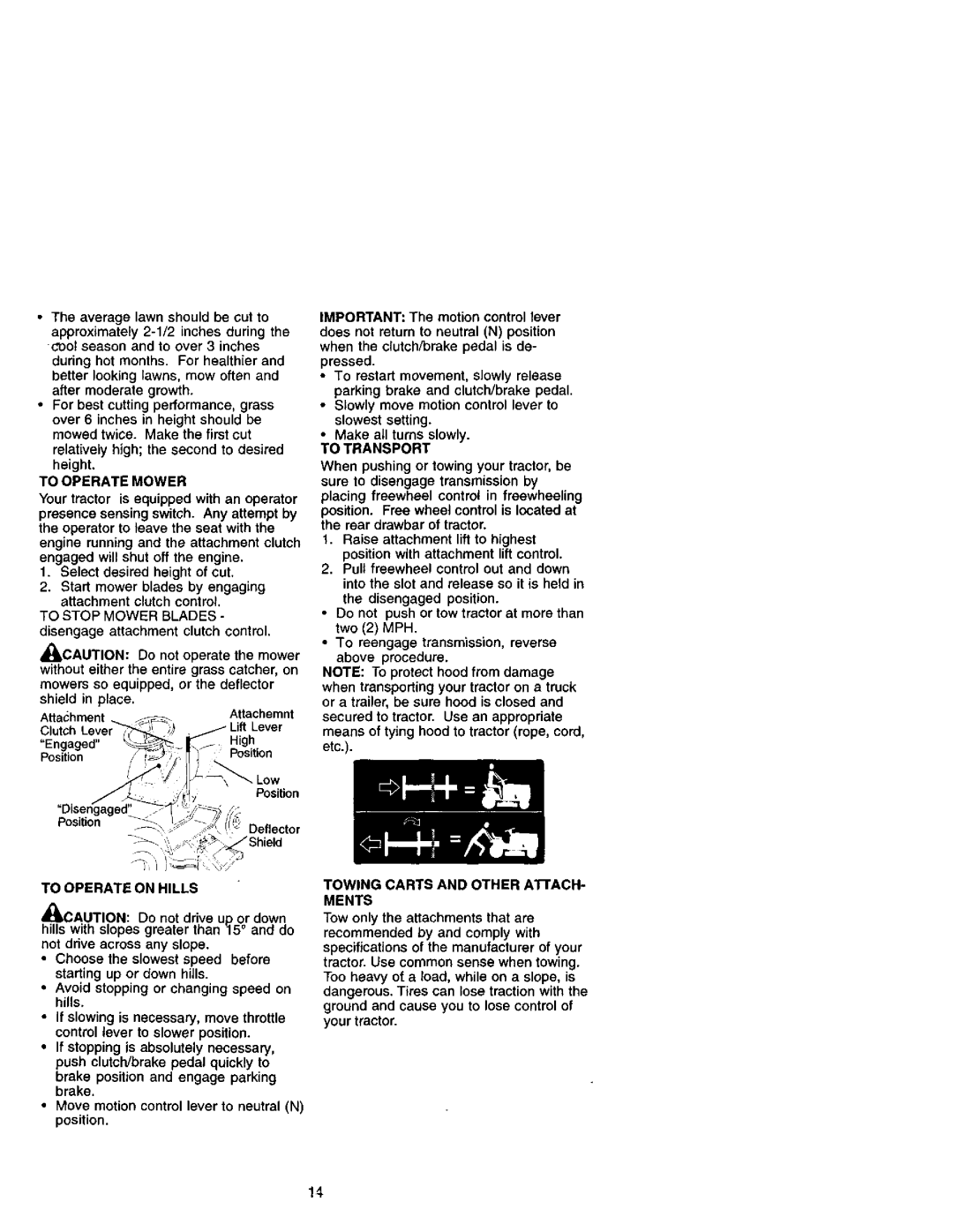 Craftsman 917.271641 owner manual To Operate Mower, To Transport, To Operate on Hills, Ments 