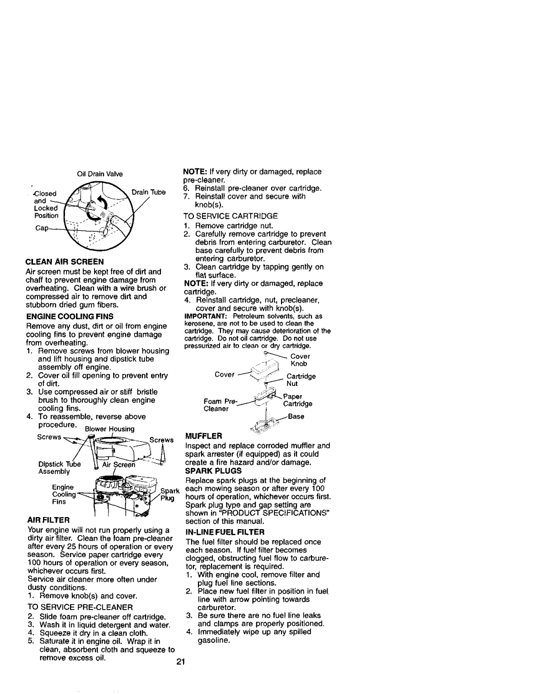 Craftsman 917.271641 owner manual Clean AIR Screen, Engine Cooling Fins, Muffler, Spark Plugs, Specifications, AIR Filter 