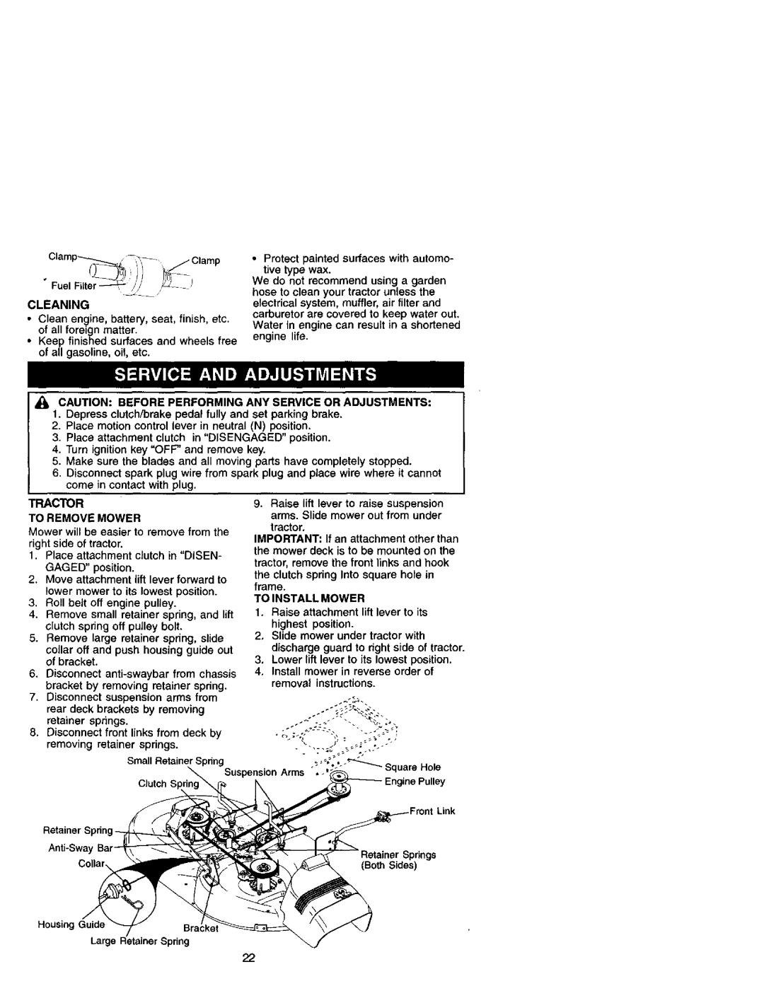 Craftsman 917.271641 owner manual Tractor, Cleaning, To Remove Mower, To Install Mower 