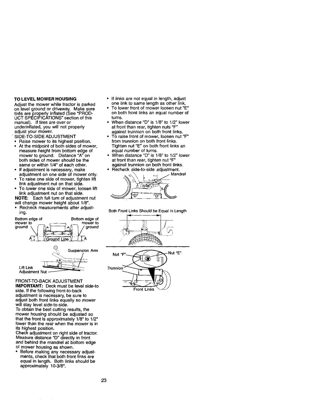 Craftsman 917.271641 SIDE-TO-SIDE Adjustment, Mower to, Ground, Tighten nut E on both front links an equa number of turns 