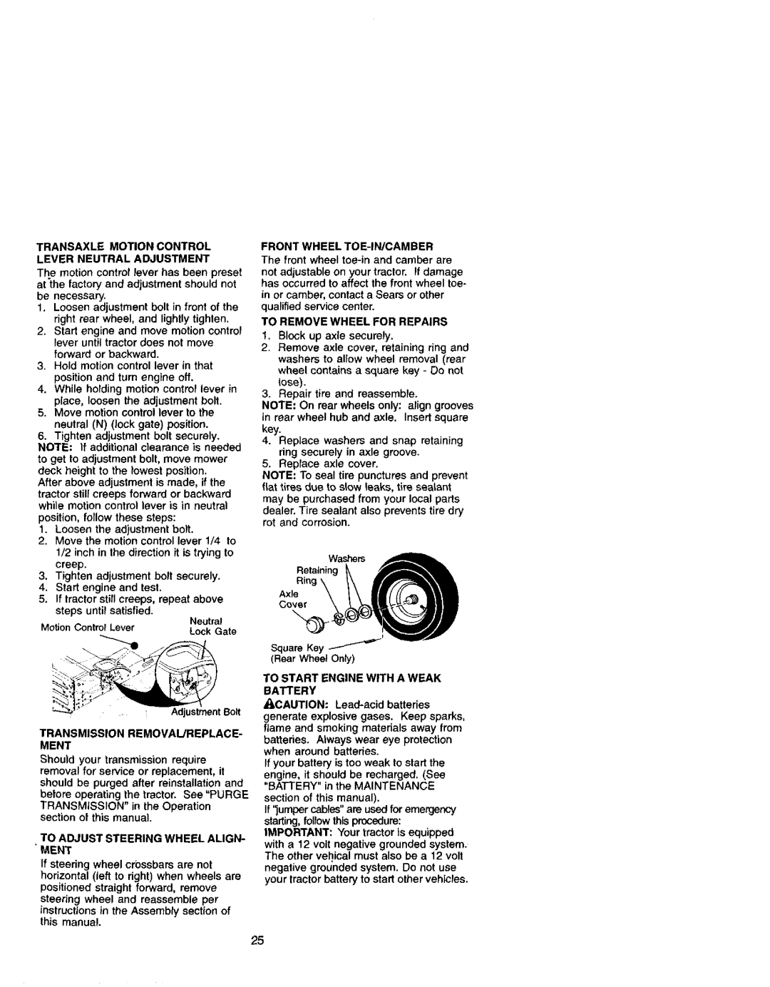 Craftsman 917.271641 owner manual Transaxle Motion Control Lever Neutral Adjustment, Transmission REMOVAIJREPLACE- Ment 