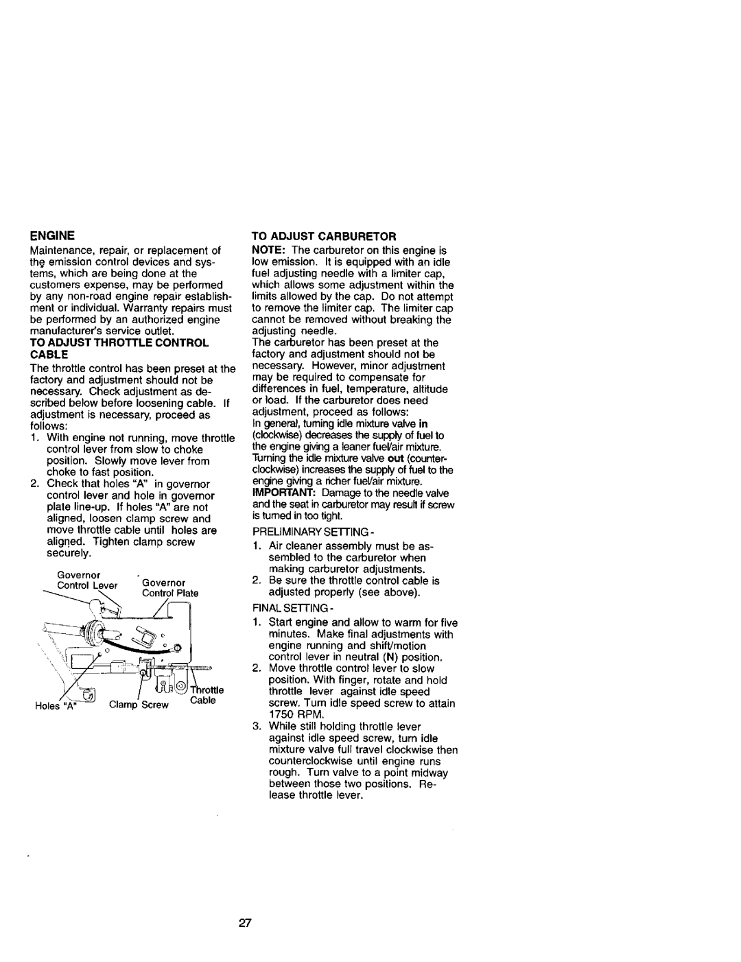 Craftsman 917.271641 owner manual Engine, To Adjust Throttle Control Cable, To Adjust Carburetor, Preliminary Setting 