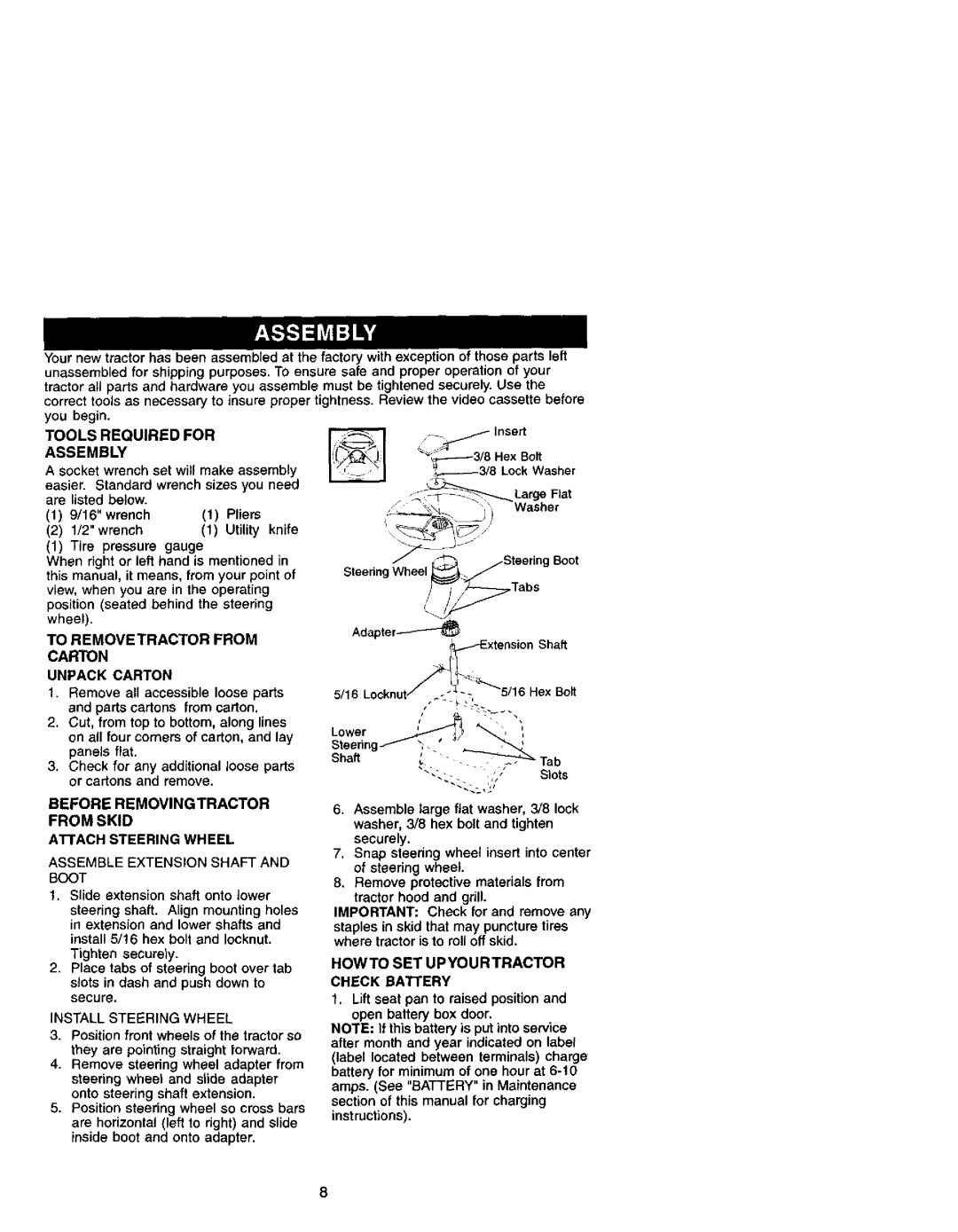 Craftsman 917.271641 Tools Required for Assembly, To Removetractor from Carton Unpack Carton, Howto SET Upyourtractor 