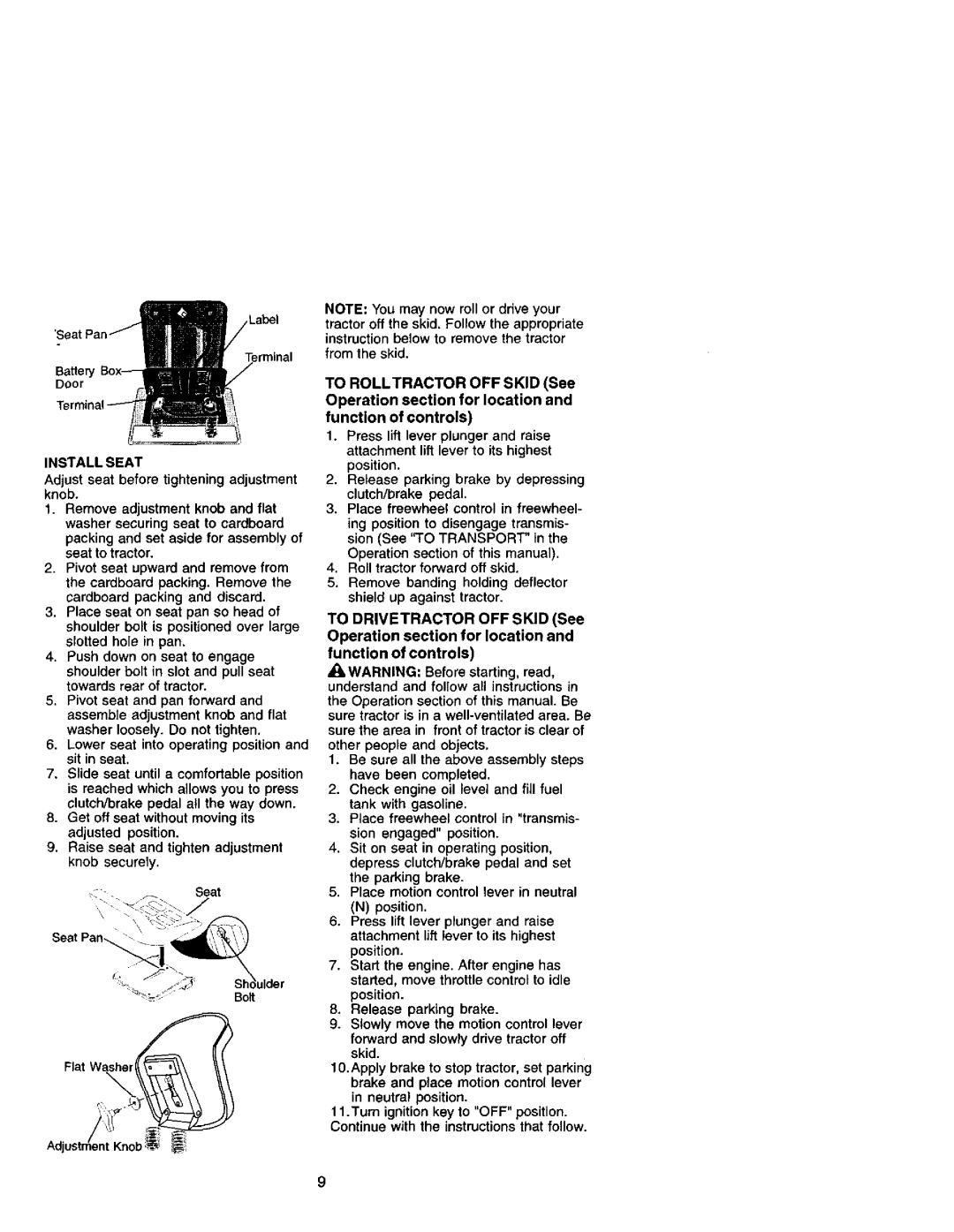 Craftsman 917.271641 owner manual Install Seat, Release parking brake by depressing clutch/brake pedal 