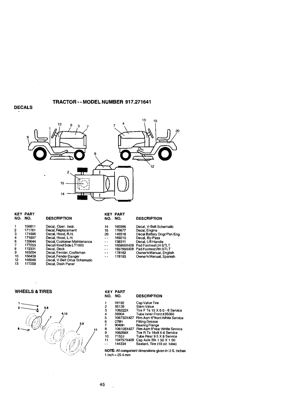 Craftsman 917.271641 owner manual Decals, Tractor -- Model Number, Wheels &Tires 