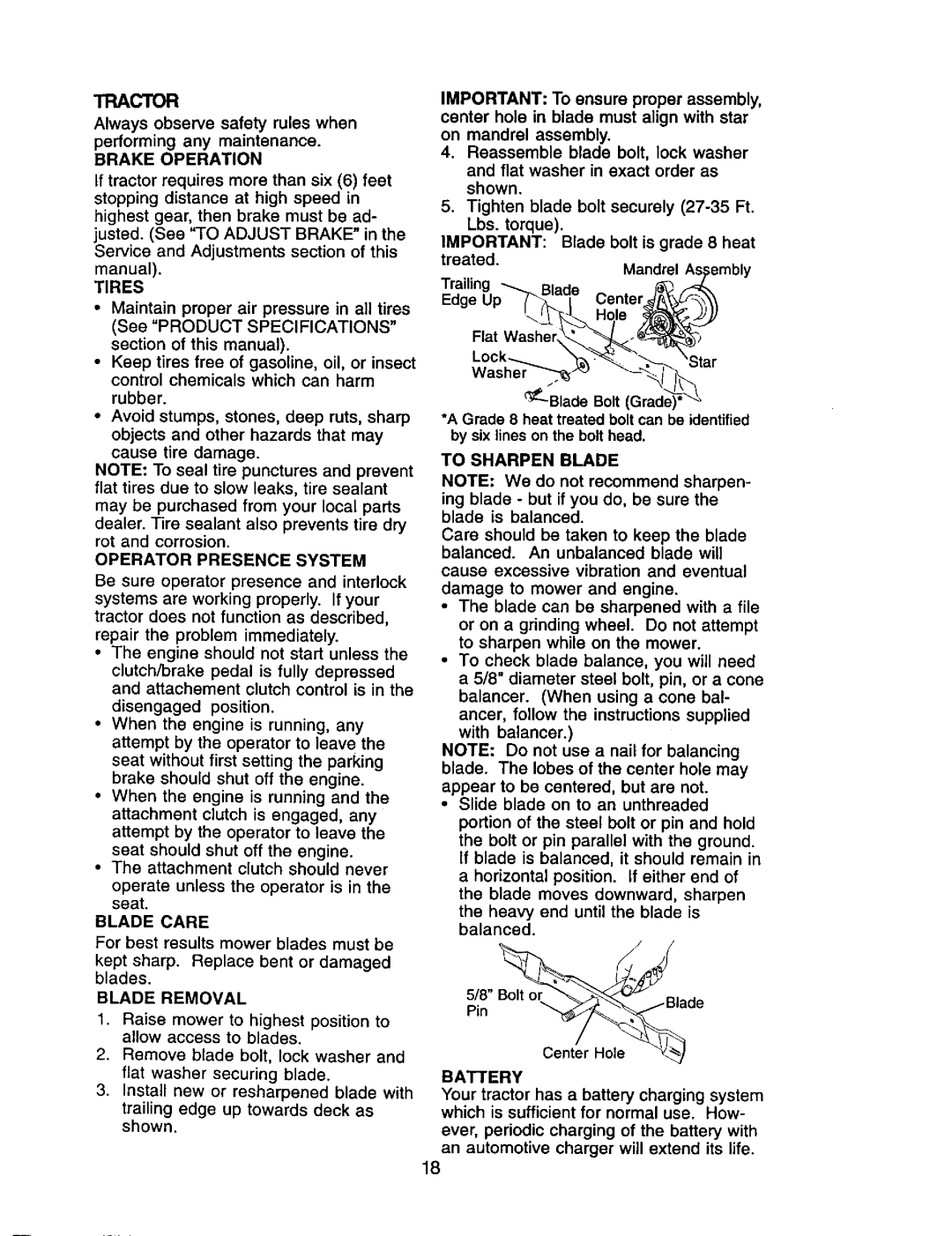 Craftsman 917.271653 Brake Operation, Tires, Operator Presence System, Blade Care, Blade Removal, To Sharpen Blade 