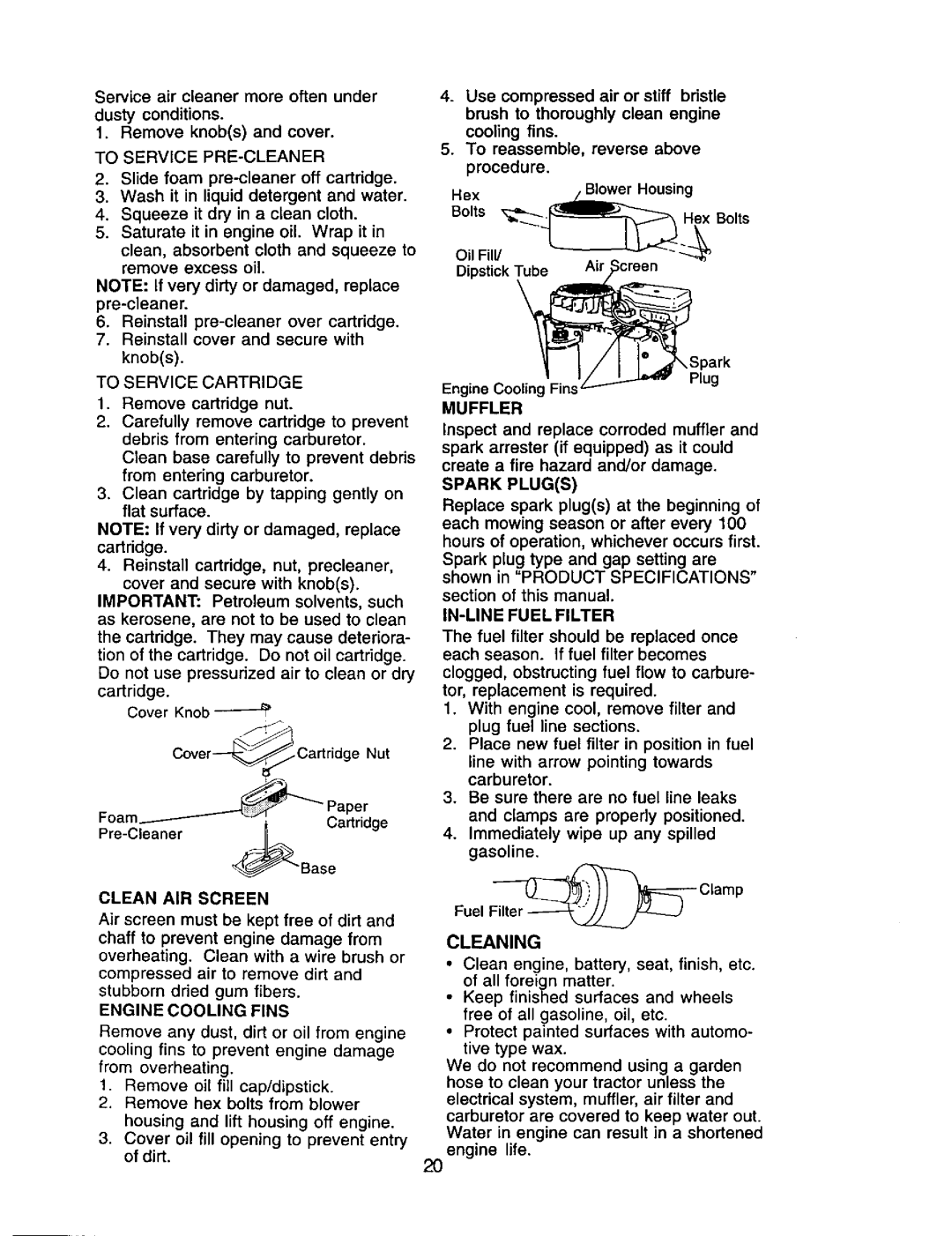 Craftsman 917.271653 Clean AIR Screen, Engine Cooling Fins, Muffler, Spark Plugs, IN-LINE Fuel Filter, Cleaning 