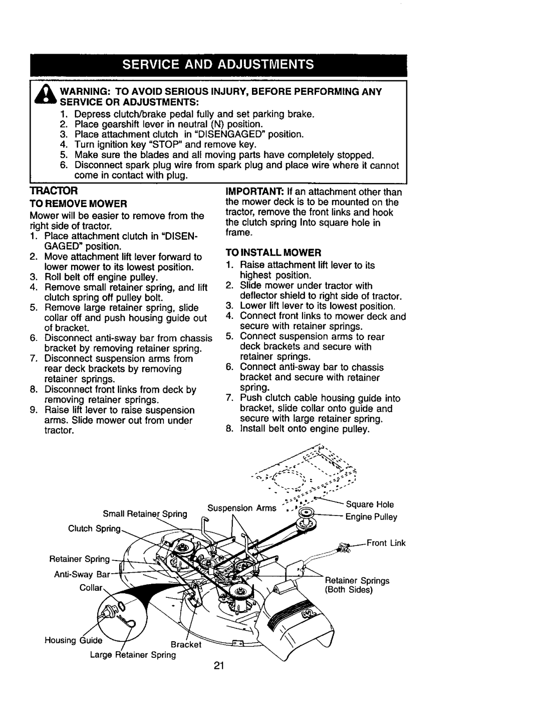 Craftsman 917.271653 owner manual Service or Adjustments, To Remove Mower, To Install Mower, Both Sides 