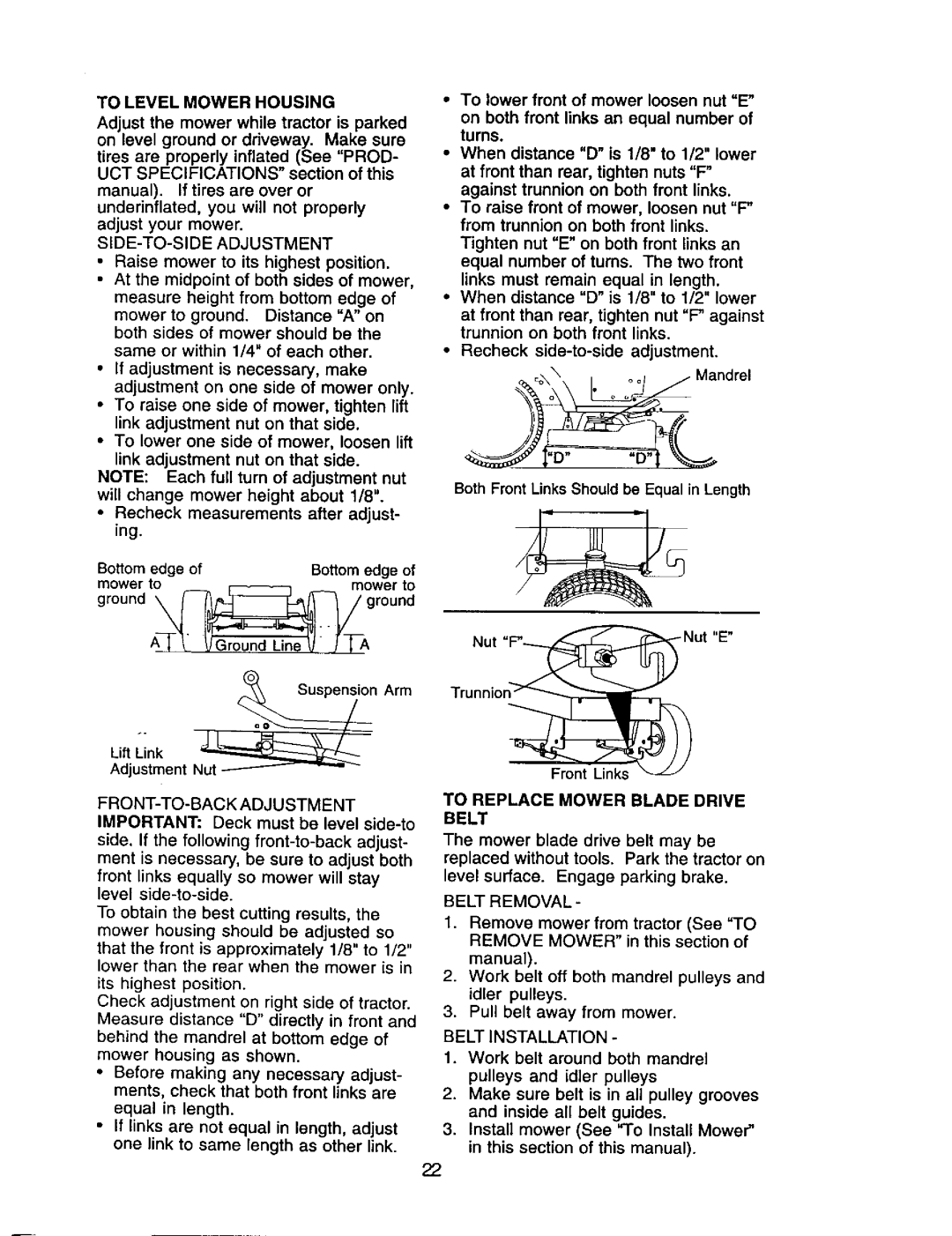 Craftsman 917.271653 owner manual To Level Mower Housing, SIDE-TO-SIDE Adjustment, FRONT-TO-BACK Adjustment 