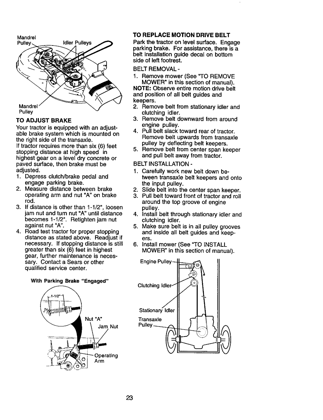 Craftsman 917.271653 owner manual To Adjust Brake, To Replace Motion Drive Belt, Belt Removal 