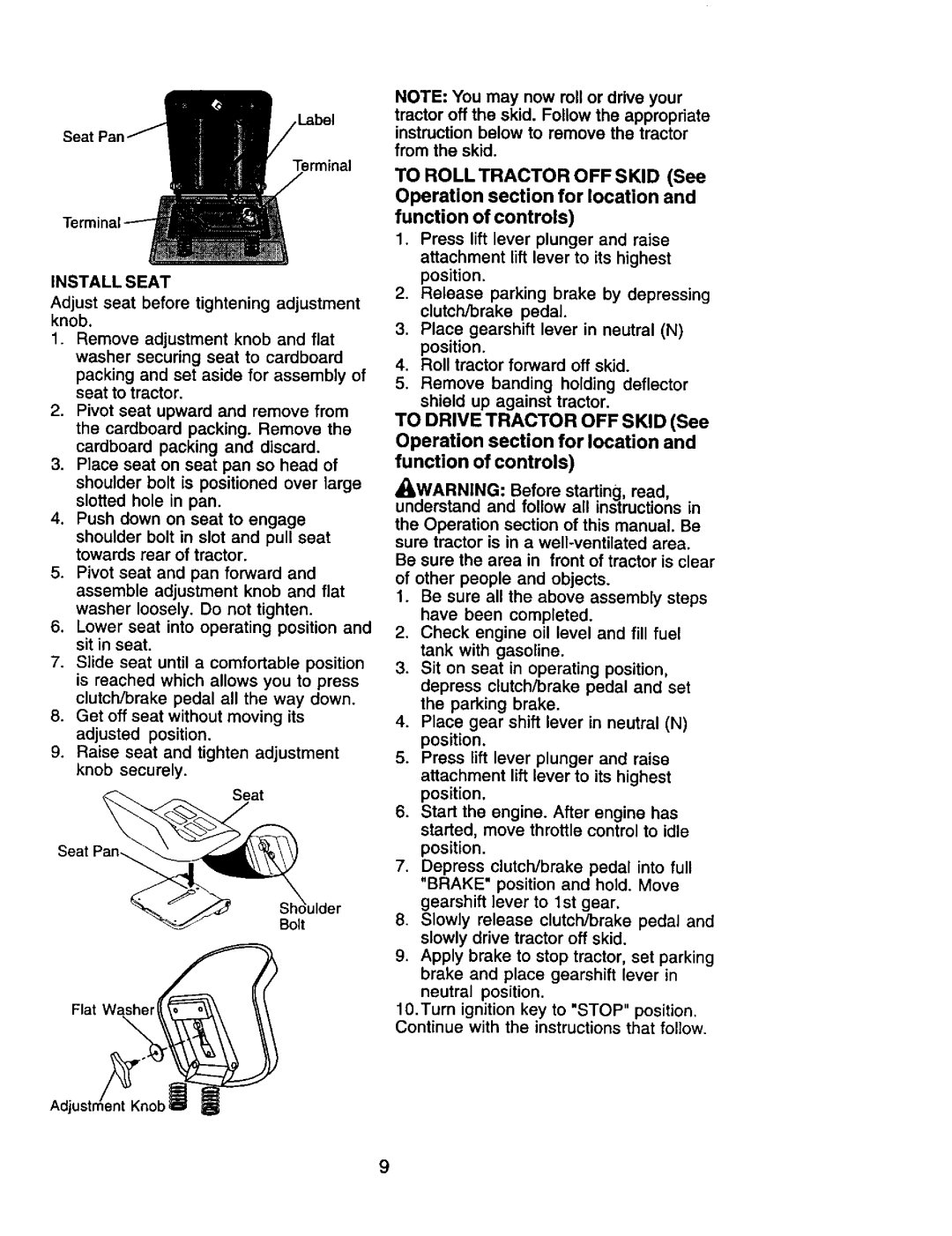 Craftsman 917.271653 owner manual Install Seat, Adjust seat before tightening adjustment knob 