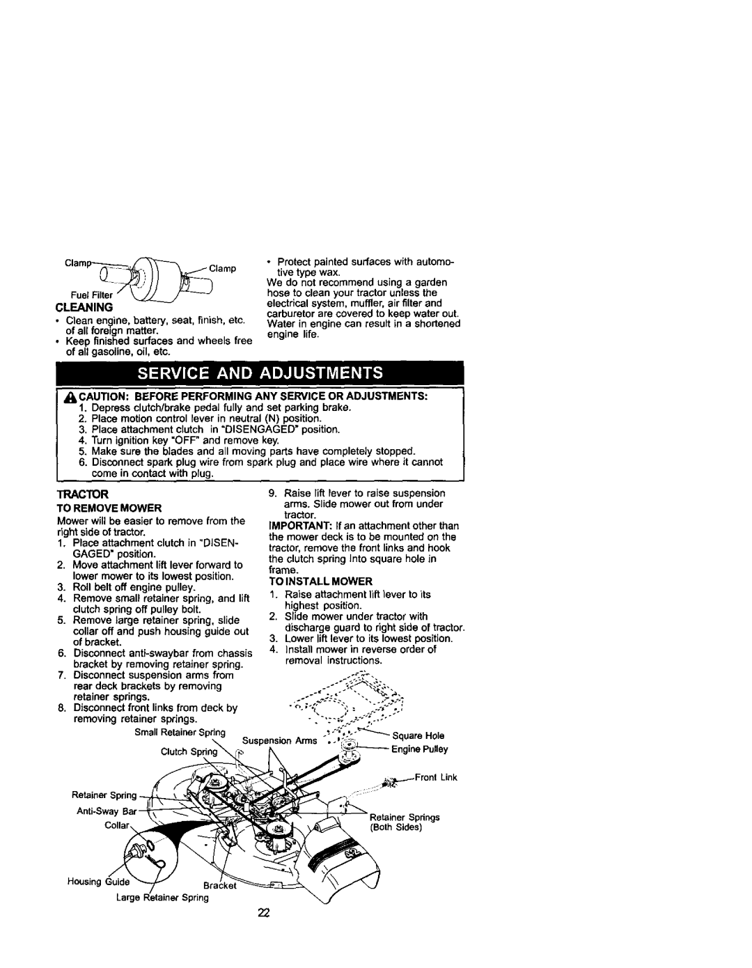 Craftsman 917.271742 owner manual Tractor, Cleaning, To Remove Mower, To Install Mower 