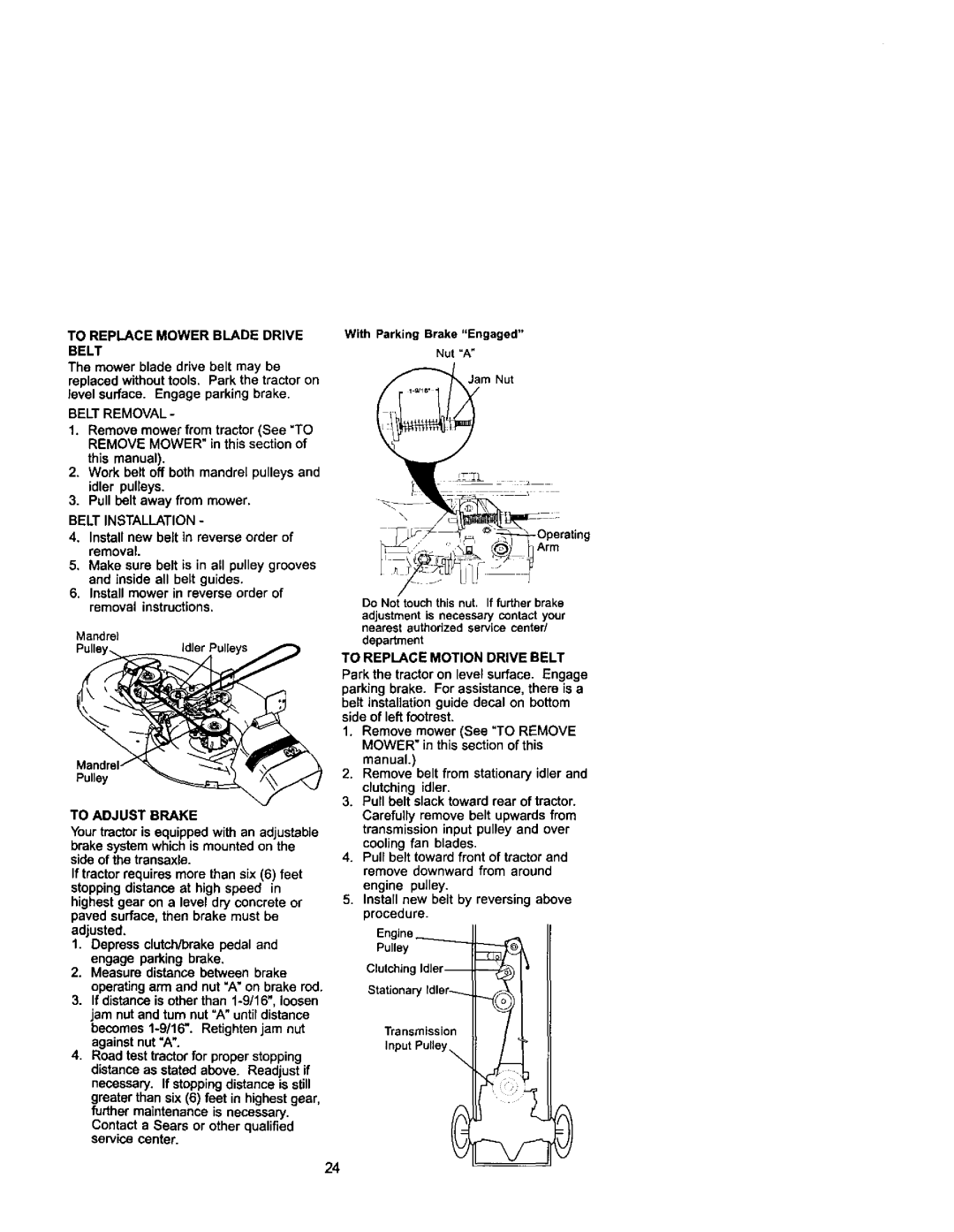 Craftsman 917.271742 owner manual To Replace Mower Blade Drive Belt, Belt Removal, Belt Installation, To Adjust Brake 