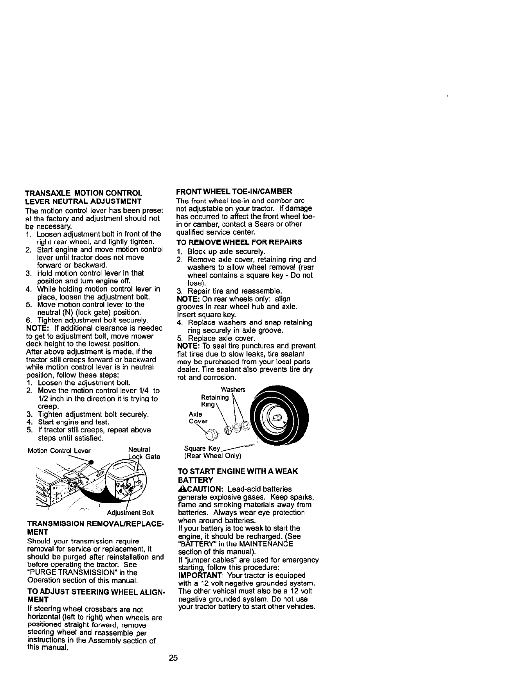 Craftsman 917.271742 owner manual Transaxle Motion Control Lever Neutral Adjustment, Transmission REMOVAL/REPLACE- Ment 