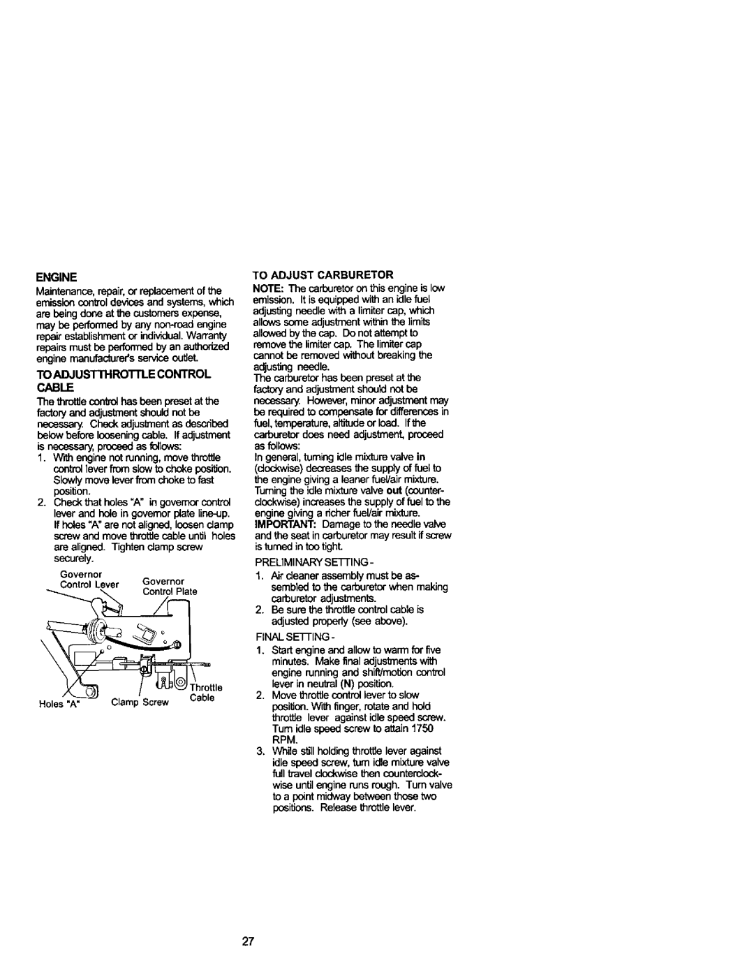 Craftsman 917.271742 owner manual To Adjustthrottle Control Cable, Governor, To Adjust Carburetor 