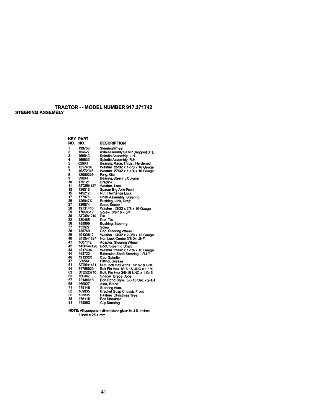 Craftsman 917.271742 owner manual Tractor - Model Number 9t7.271742 Steeringassembly 