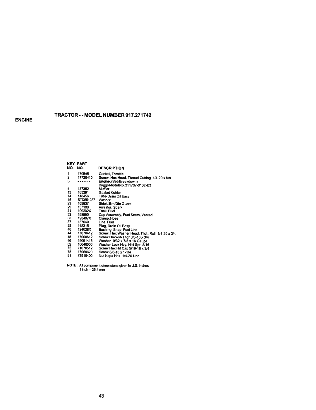 Craftsman 917.271742 owner manual KEY Part Description 