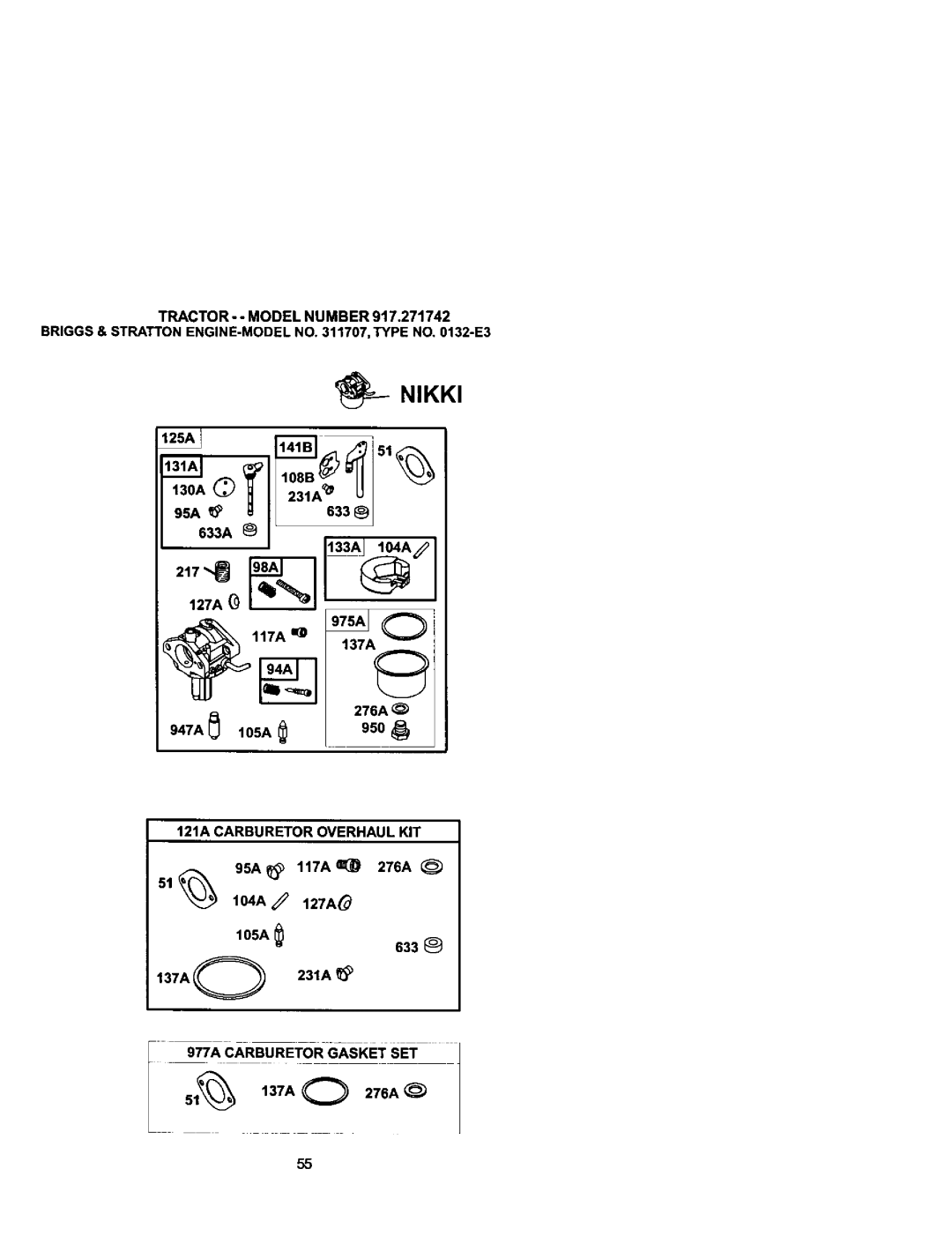 Craftsman 917.271742 owner manual 137A 276A 950, 121A Carburetor Overhaul KIT, 95A 117A 276A 51104A 127A, 51137A O 276A 