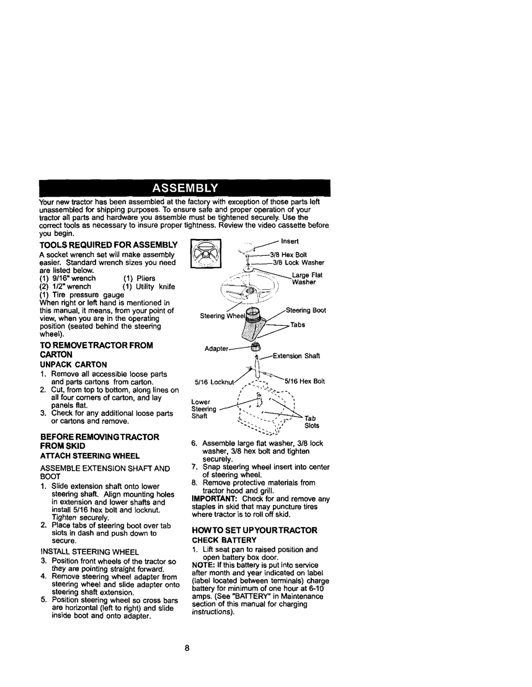 Craftsman 917.271742 owner manual Before Removingtractor from Skid Attach Steering Wheel 