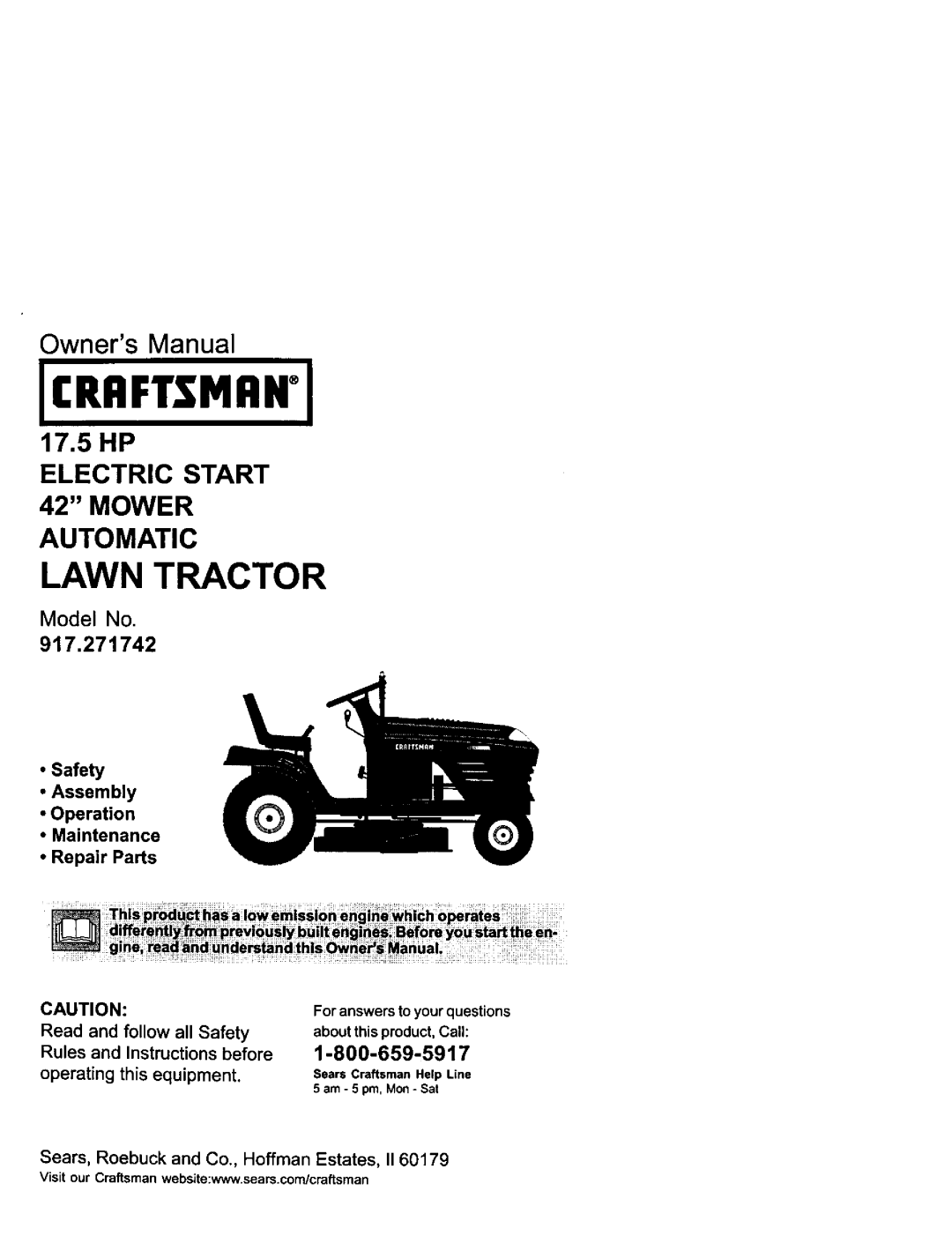 Craftsman 917.271742 owner manual Model No, Safety Assembly Operation Maintenance, Repair Parts, operating this equipment 