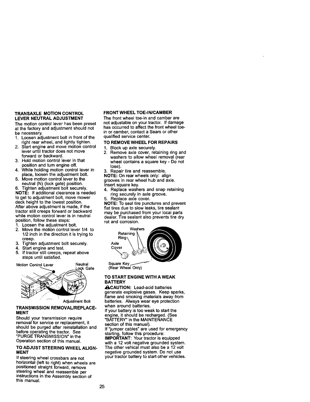 Craftsman 917.271742 owner manual Transaxle Motion Control Lever Neutral Adjustment 