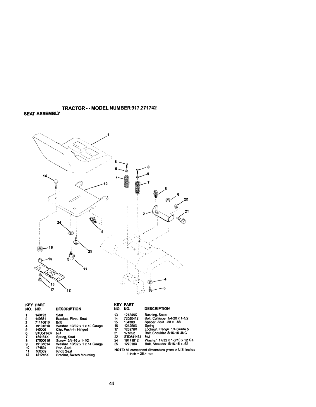 Craftsman 917.271742 owner manual Tractor- - Model Number Seat Assembly, Key Part, Description 