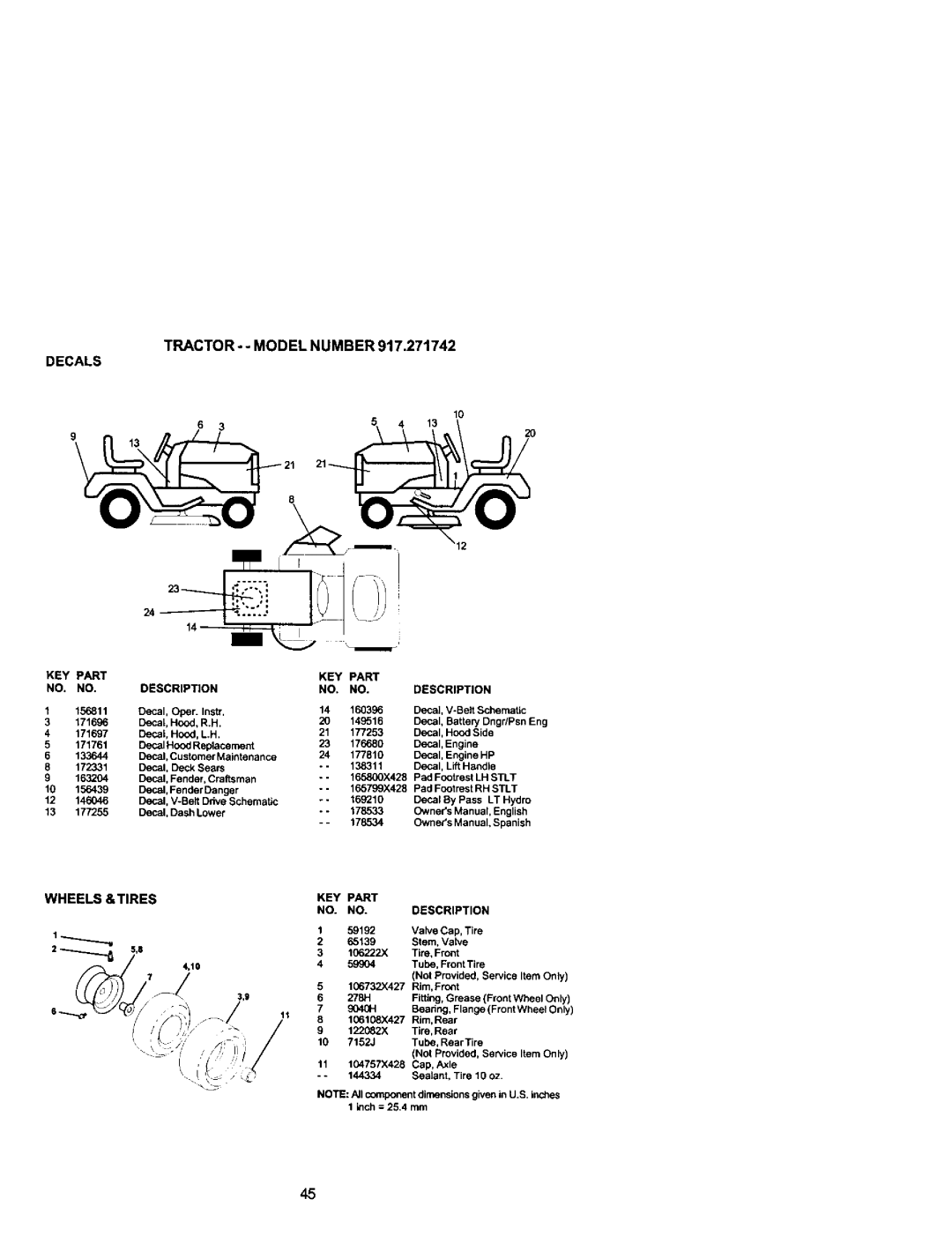Craftsman 917.271742 owner manual Tractor - - Model Number, Decals, Wheels &Tires 