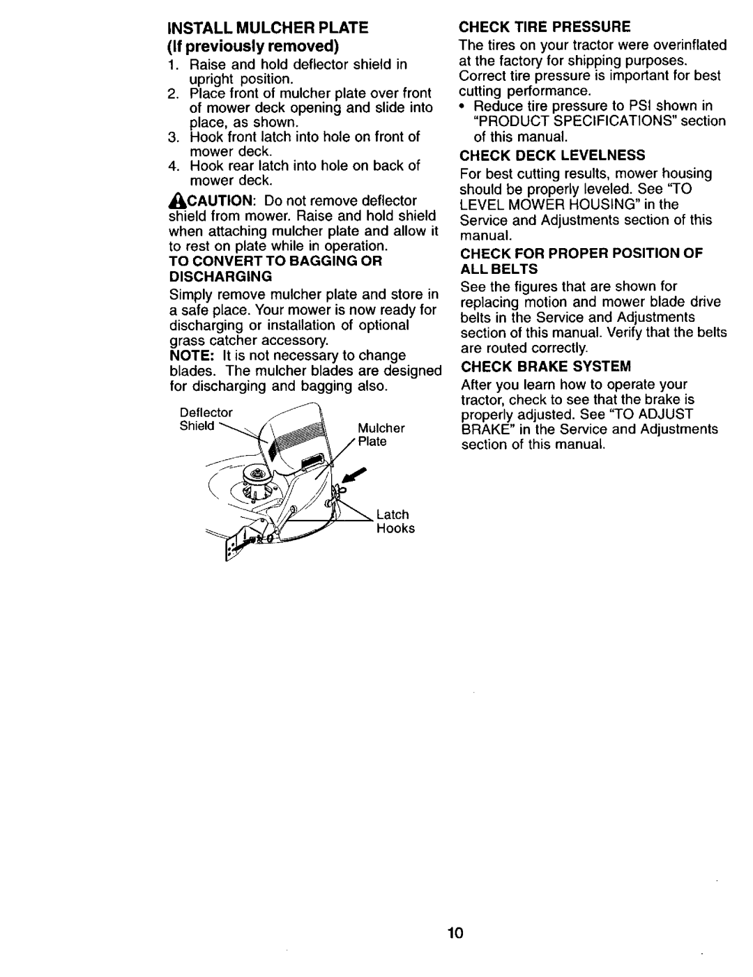 Craftsman 917.271815 Install Mulcher Plate, Discharging, Check Tire Pressure, Check Deck Levelness, Check Brake System 