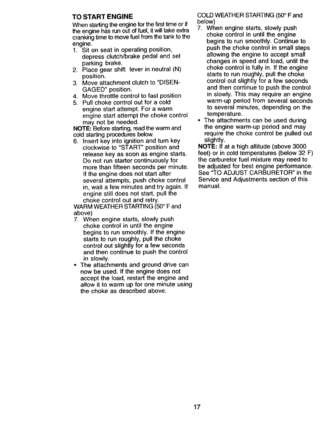 Craftsman 917.271815 owner manual To Start Engine 