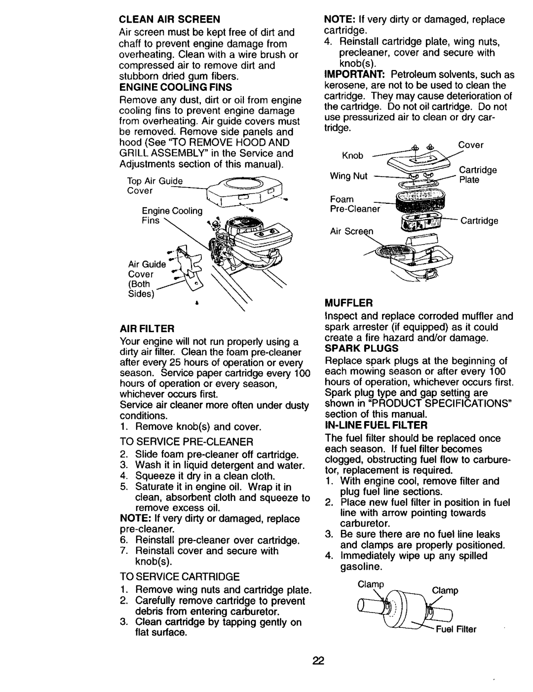 Craftsman 917.271815 owner manual Clean AIR Screen, Muffler, Spark Plugs, IN-LINE Fuel Filter 