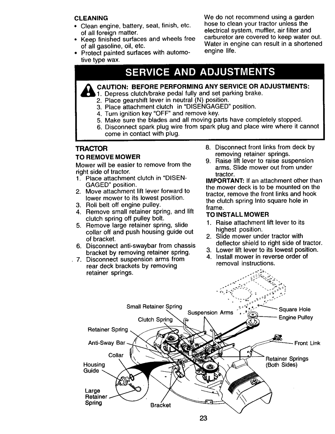 Craftsman 917.271815 owner manual Tractor, Cleaning, To Remove Mower, To Install Mower 