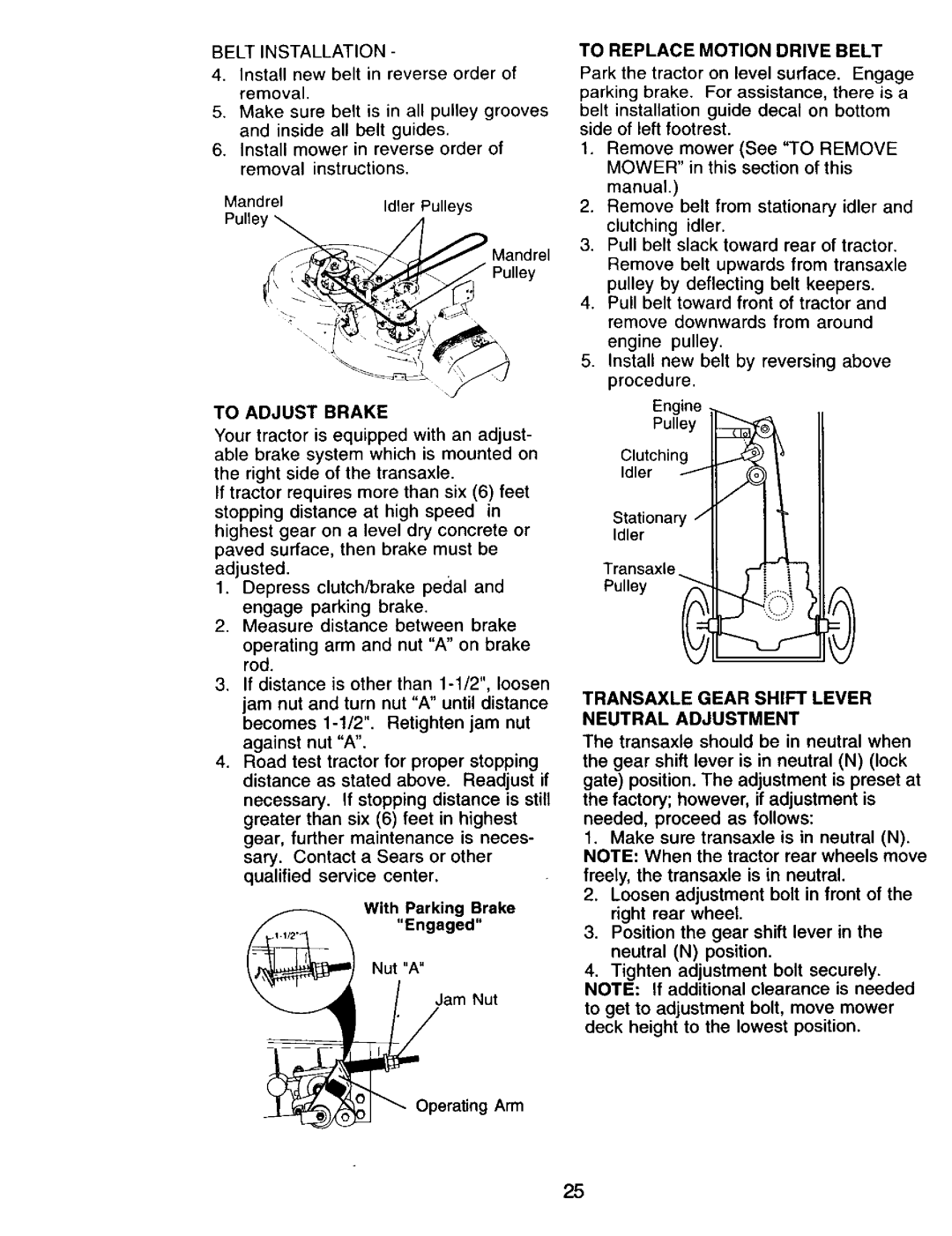 Craftsman 917.271815 To Adjust Brake, To Replace Motion Drive Belt, Transaxle Gear Shift Lever Neutral Adjustment 