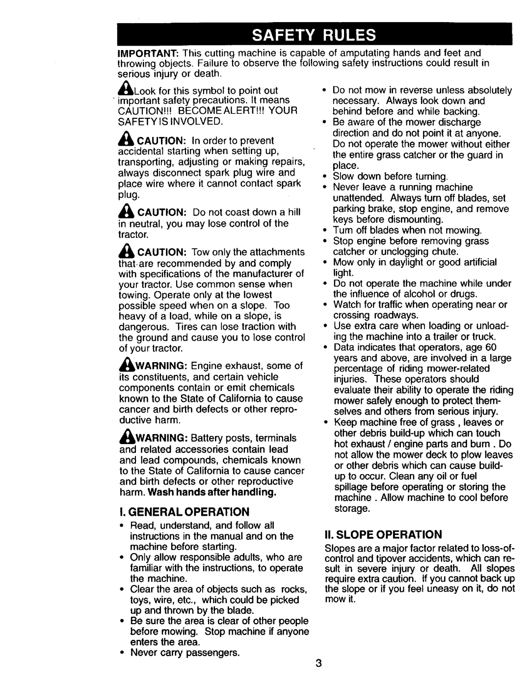 Craftsman 917.271815 owner manual General Operation, II. Slope Operation 