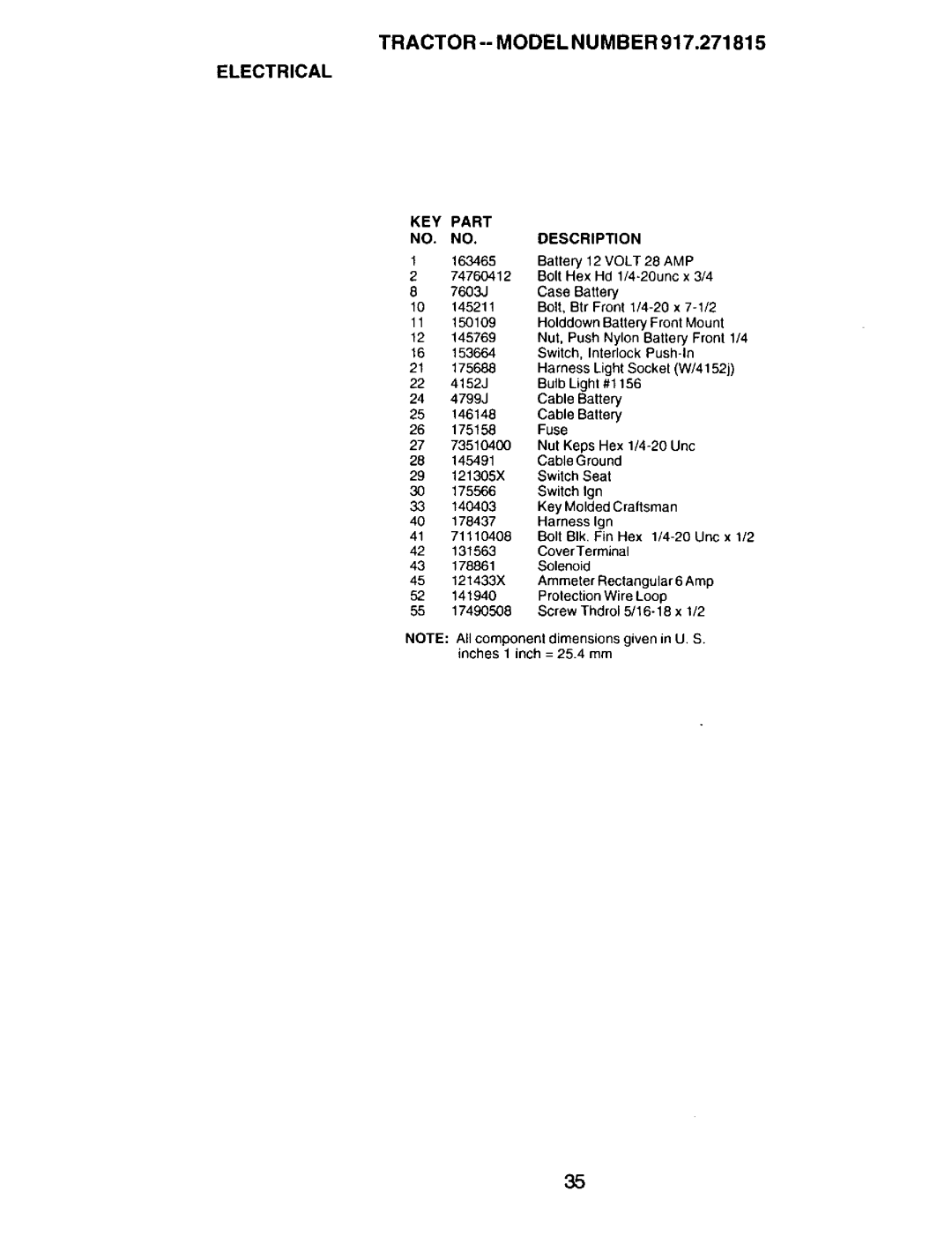 Craftsman 917.271815 owner manual Tractor --MODEL NU MB ER, Electrical, Battery 12 Volt 28 AMP, Wire Loop 