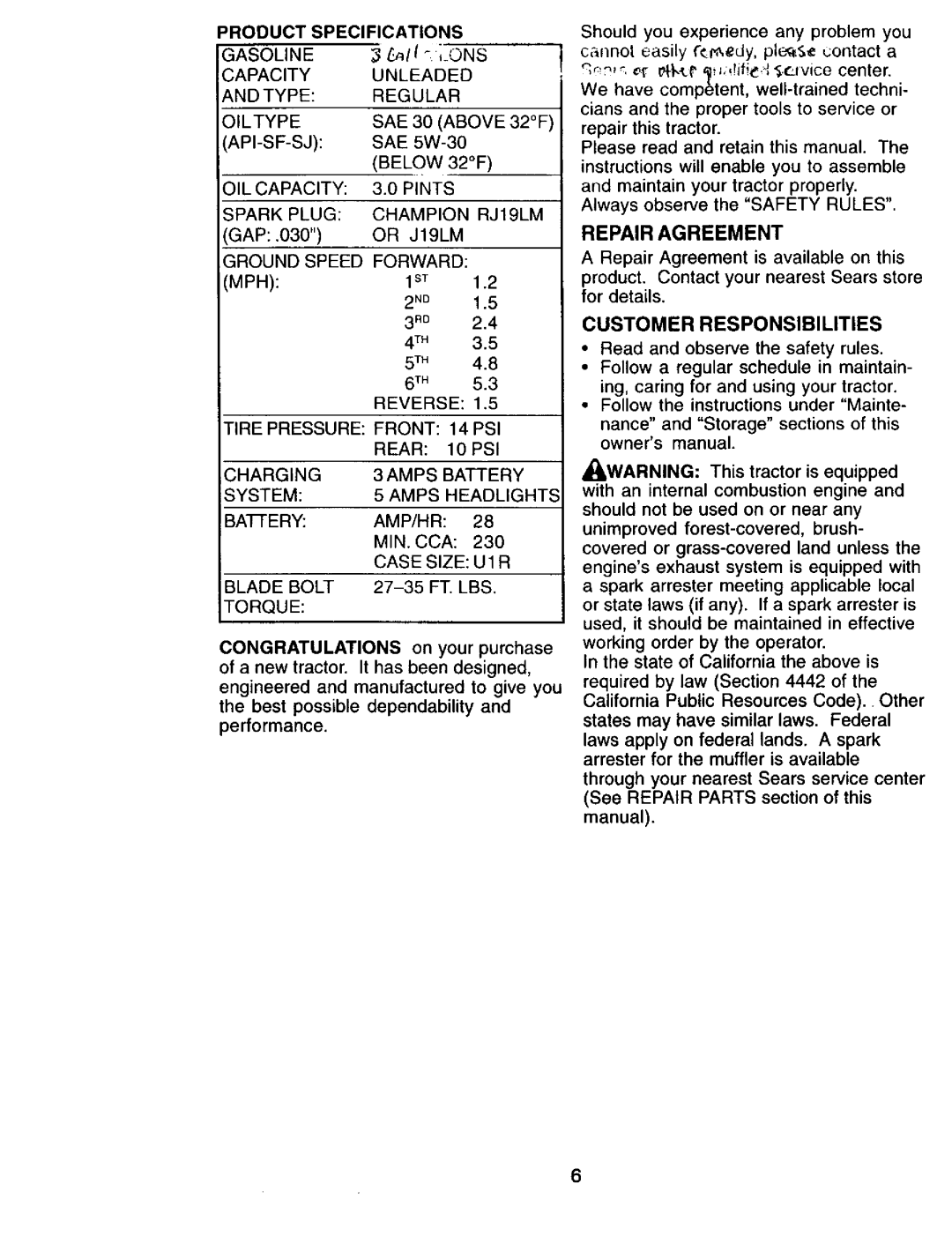 Craftsman 917.271815 owner manual Repair Agreement, Customer Responsibilities 